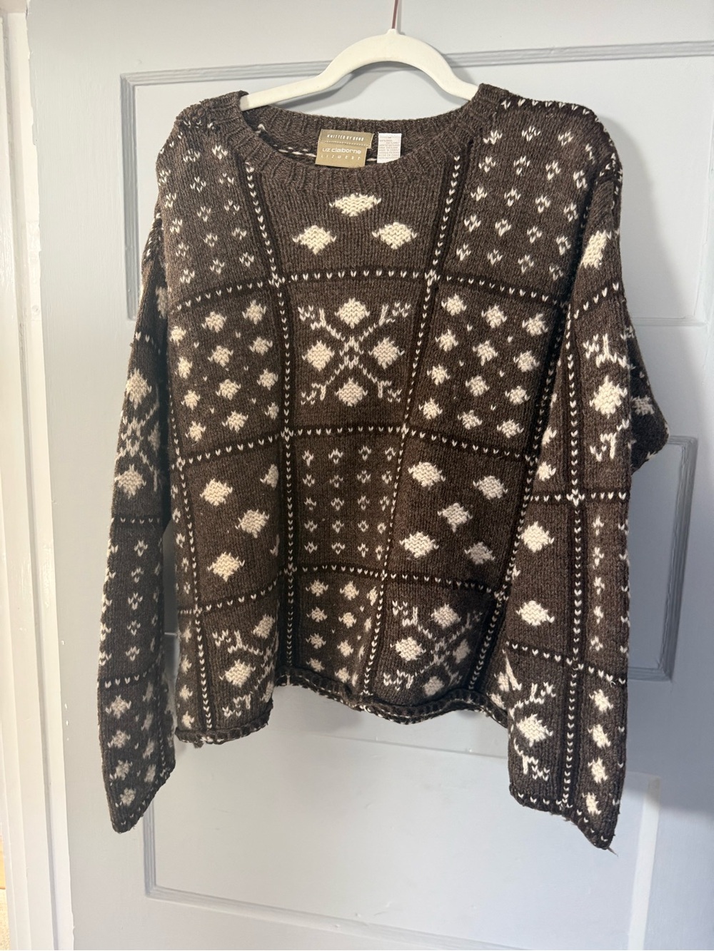 Vintage Liz Claiborne 100% Wool Sweater Hand Knit Brown & White